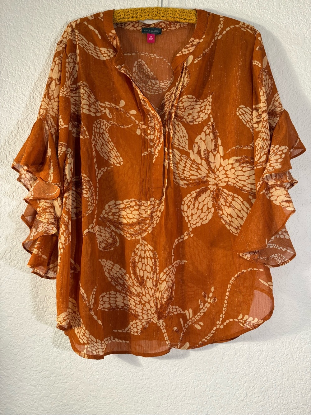 Vince Camuto Plus 2X Ruffle Sleeve Metallic Floral Tunic Blouse Rust Copper